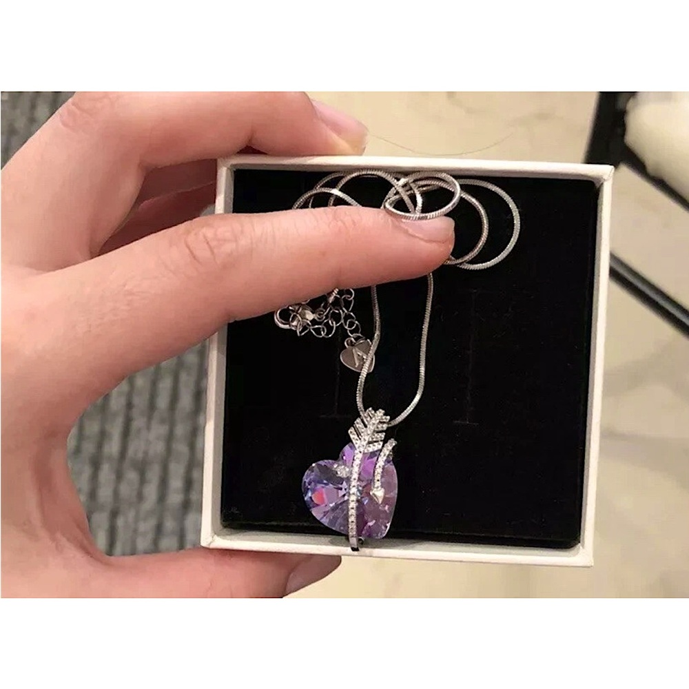 SUE’S SECRET Purple Heart Of Arrow Crystal Necklace 925 Sterl Silver